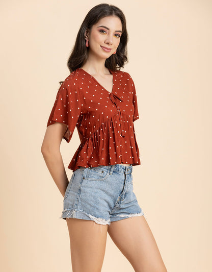 Printed V-Neck Peplum Top