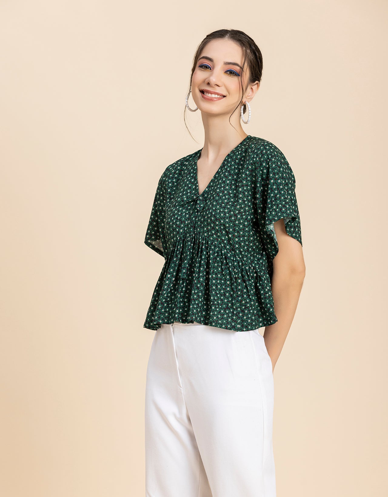 Printed V-Neck Peplum Top