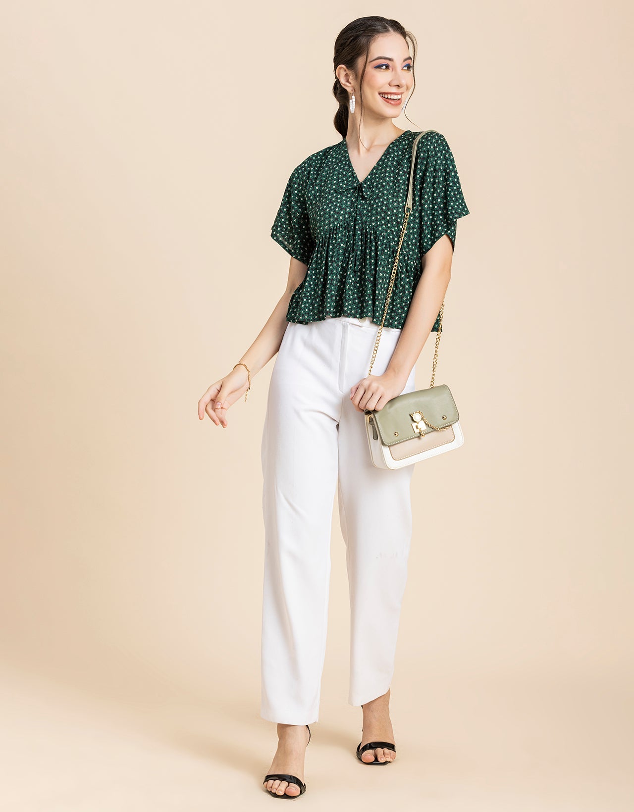 Printed V-Neck Peplum Top