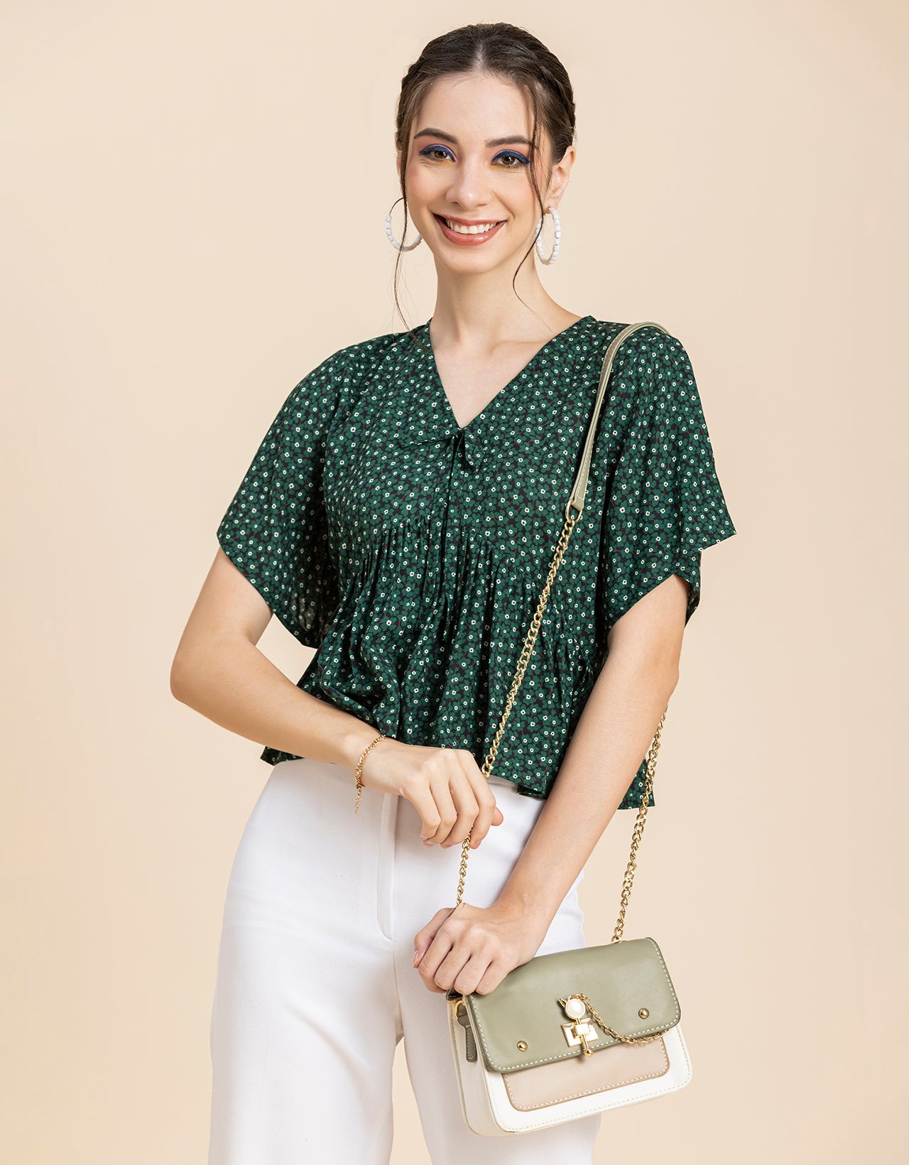 Printed V-Neck Peplum Top