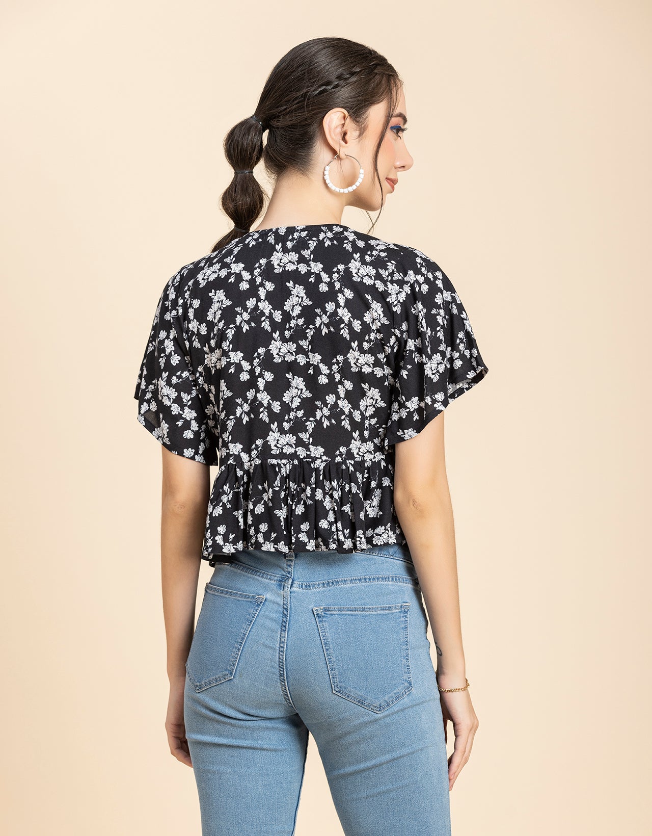 Printed V-Neck Peplum Top