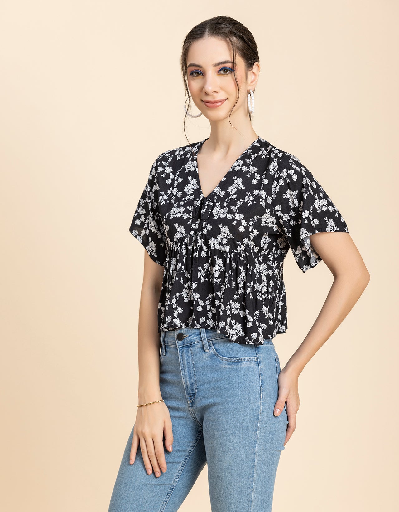 Printed V-Neck Peplum Top