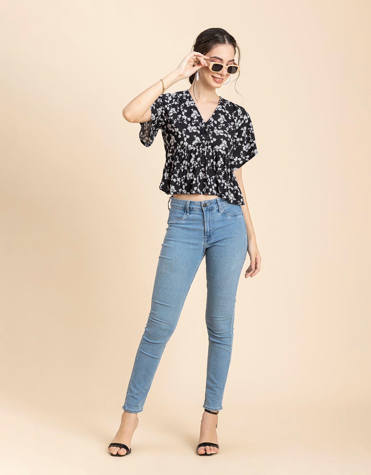 Printed V-Neck Peplum Top