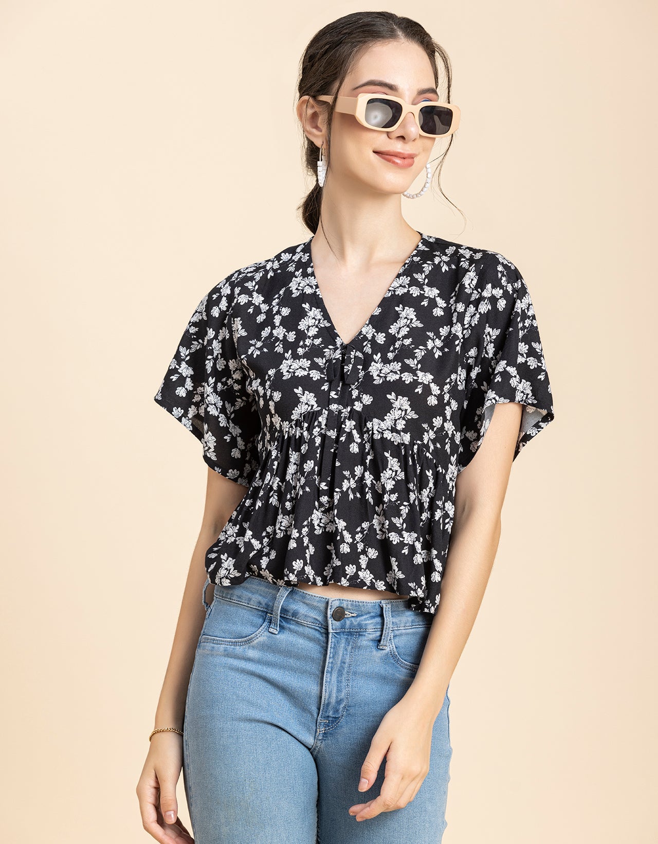 Printed V-Neck Peplum Top