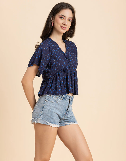 Printed V-Neck Peplum Top