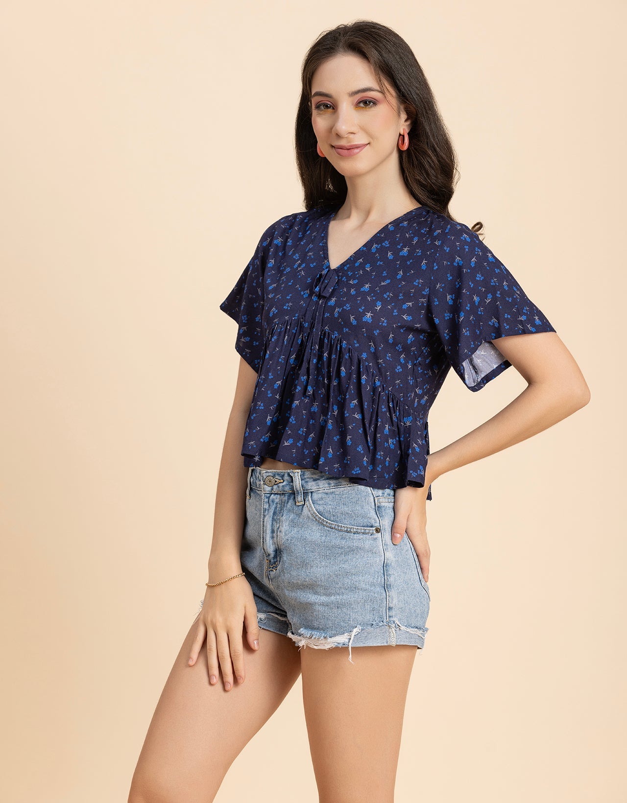 Printed V-Neck Peplum Top