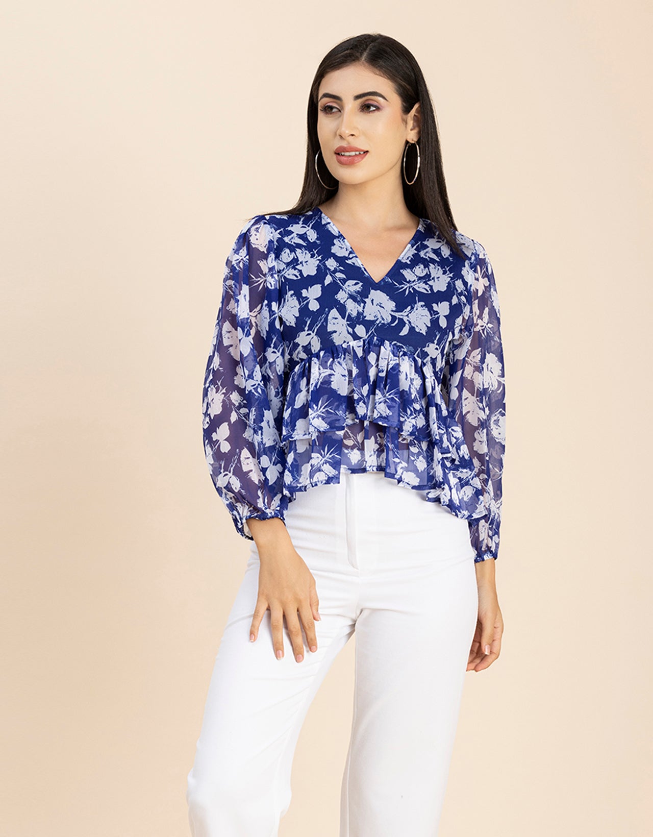 V Neck Balloon Sleeves