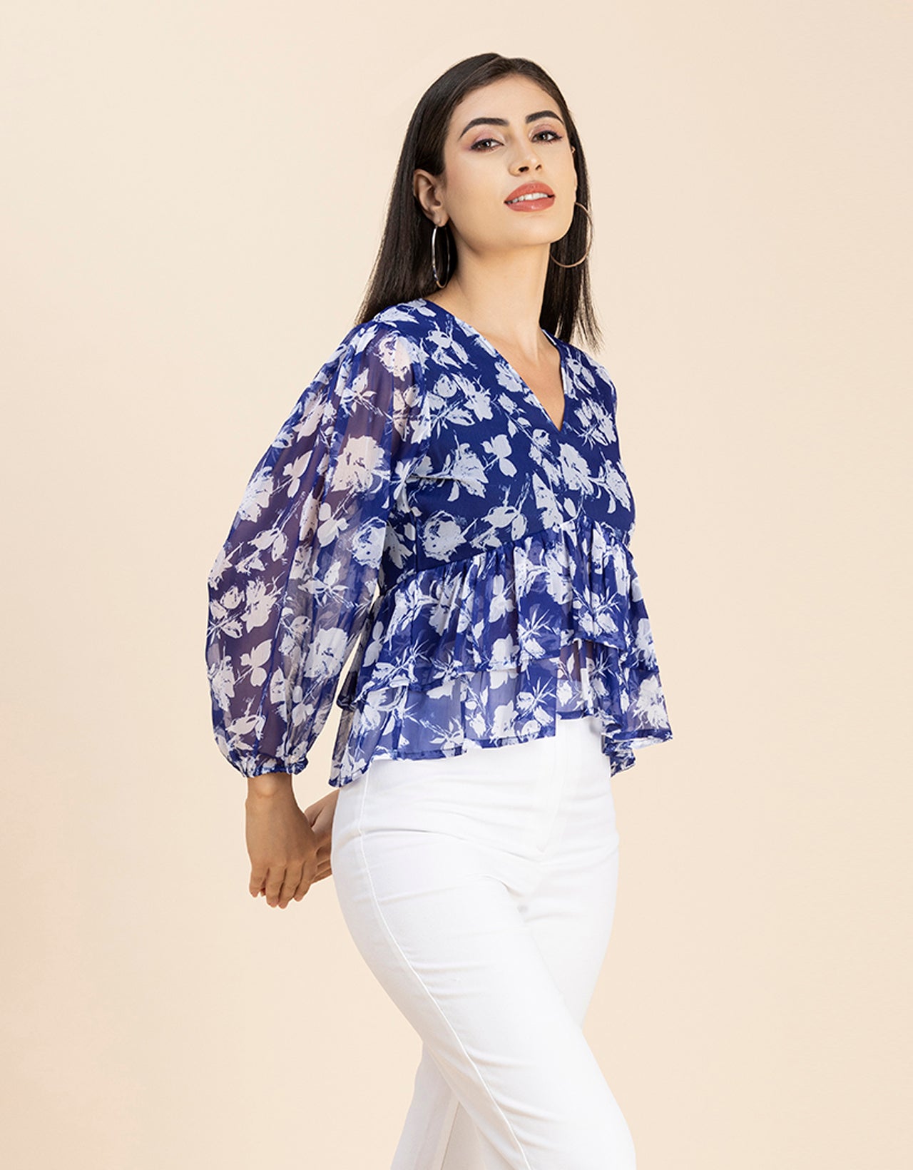 V Neck Balloon Sleeves