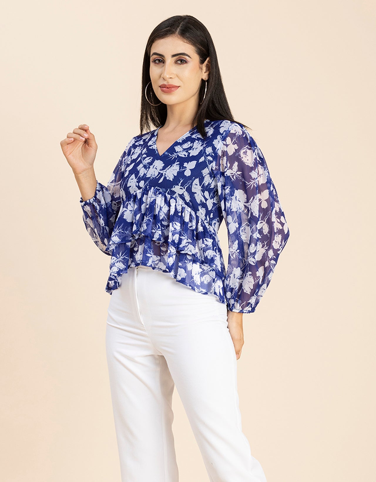 V Neck Balloon Sleeves