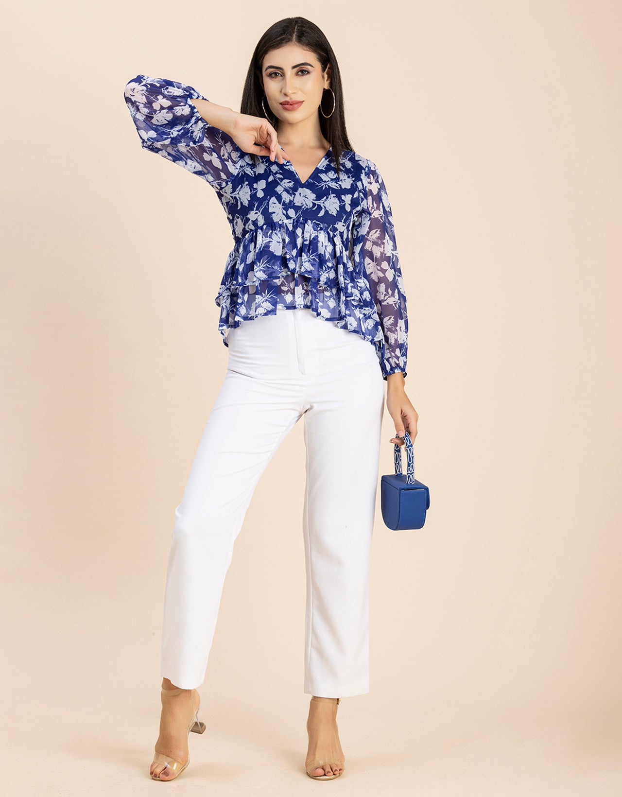 V Neck Balloon Sleeves