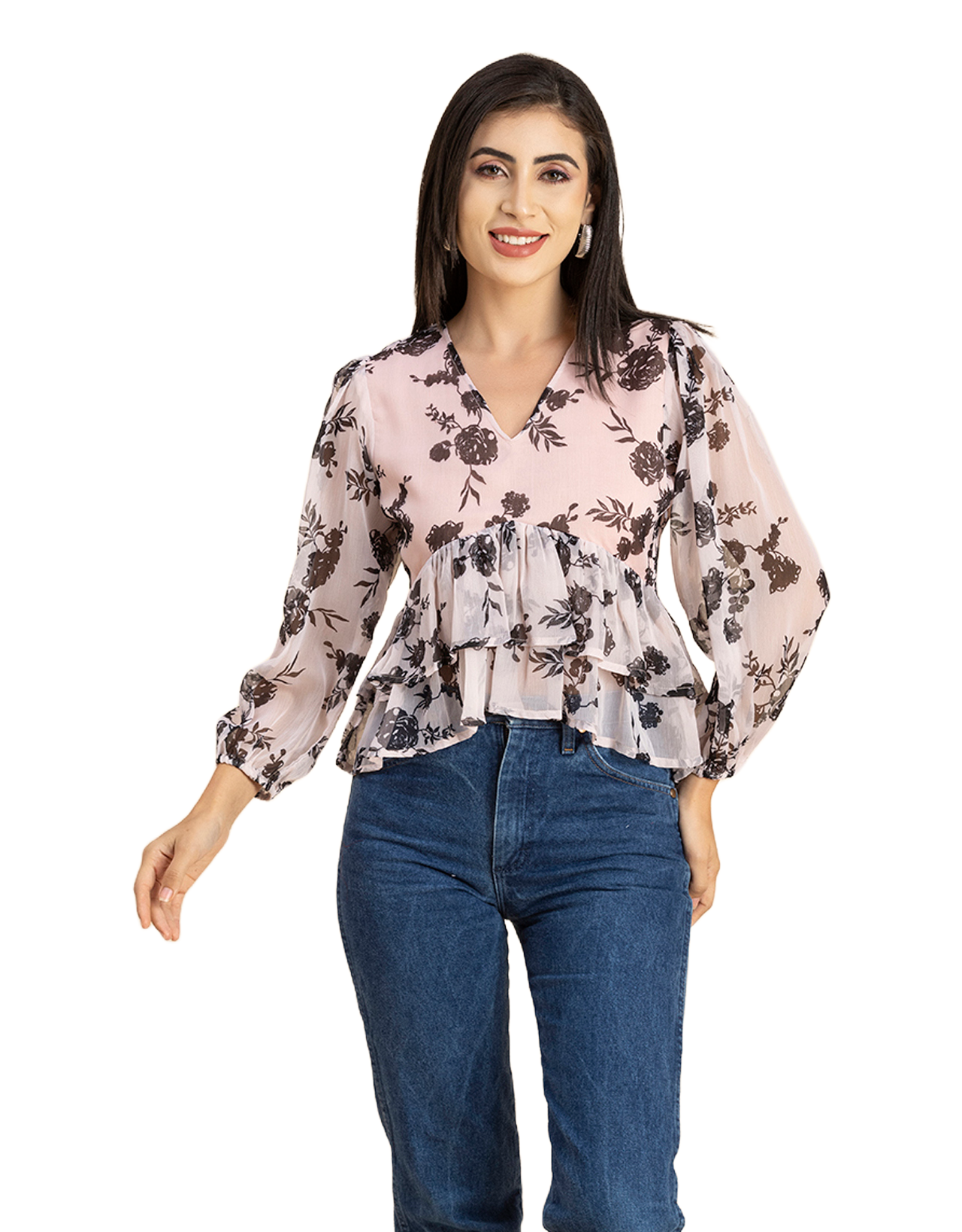 V Neck Balloon Sleeves