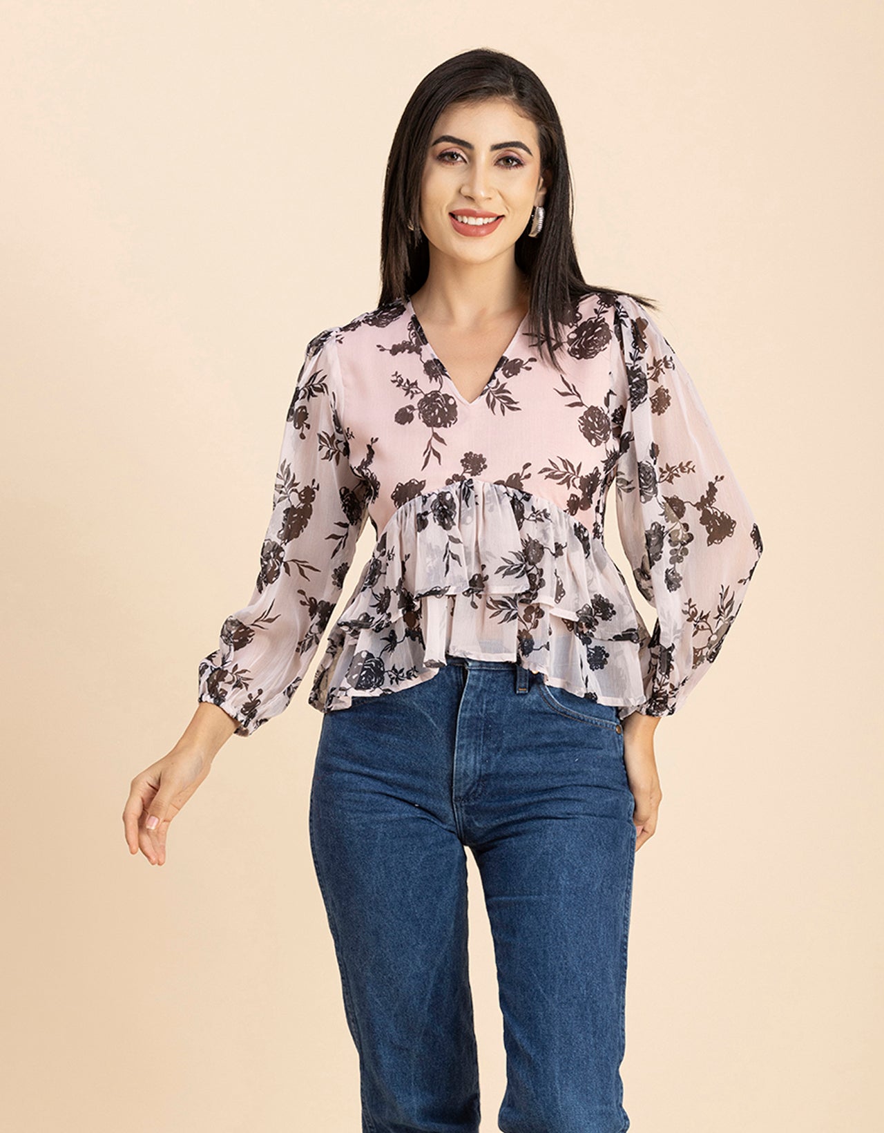 V Neck Balloon Sleeves