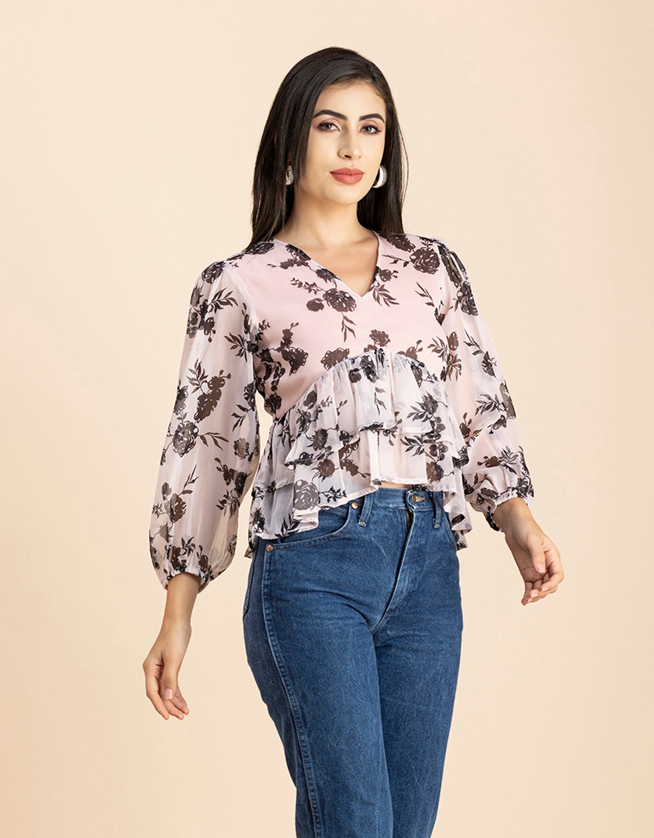 V Neck Balloon Sleeves