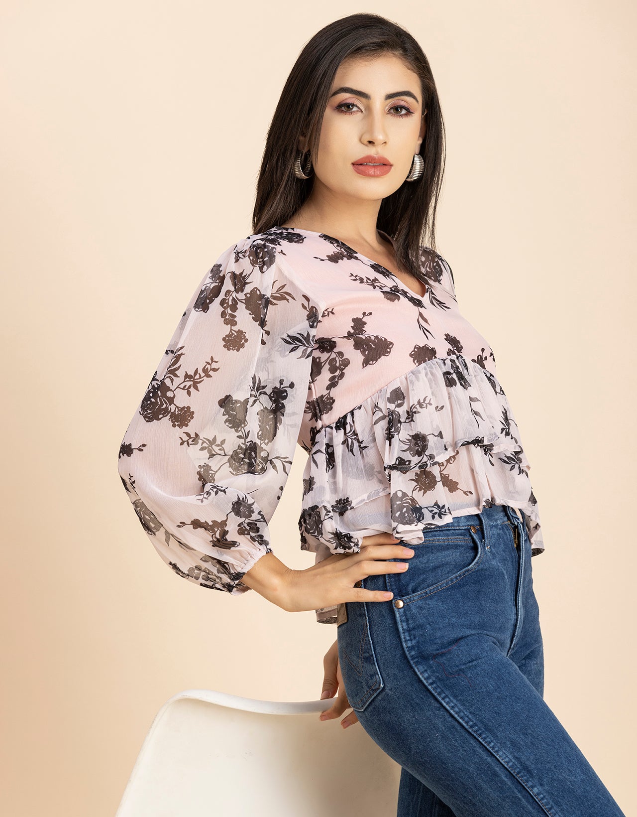 V Neck Balloon Sleeves