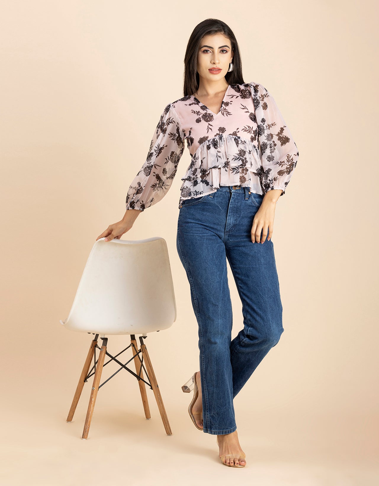 V Neck Balloon Sleeves