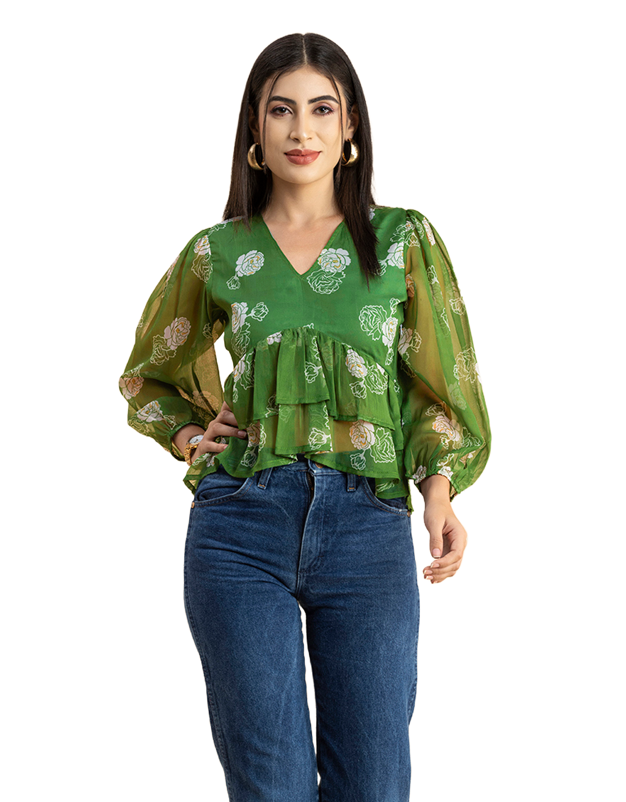 V Neck Balloon Sleeves