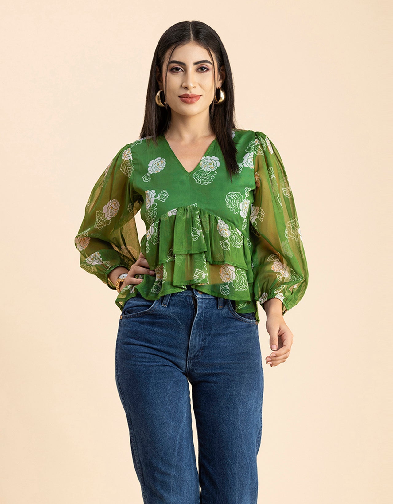 V Neck Balloon Sleeves