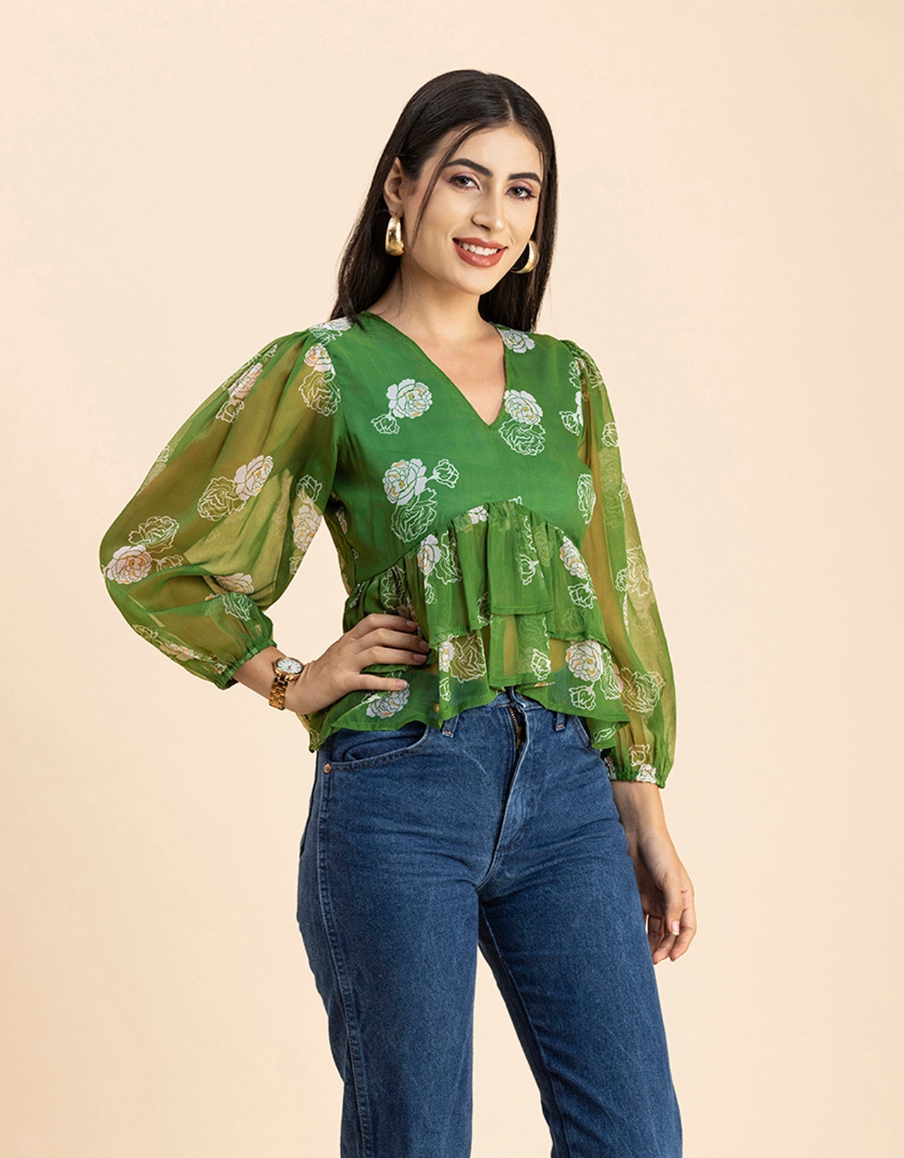 V Neck Balloon Sleeves