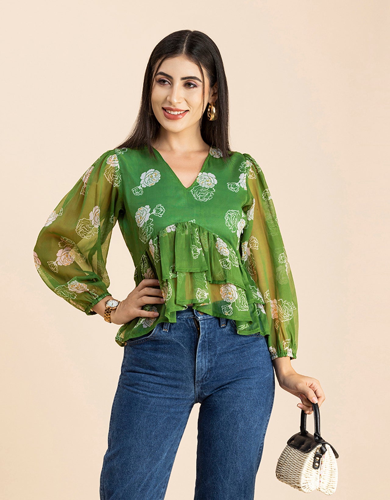 V Neck Balloon Sleeves