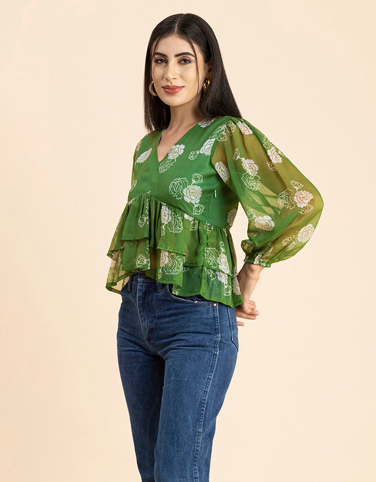 V Neck Balloon Sleeves