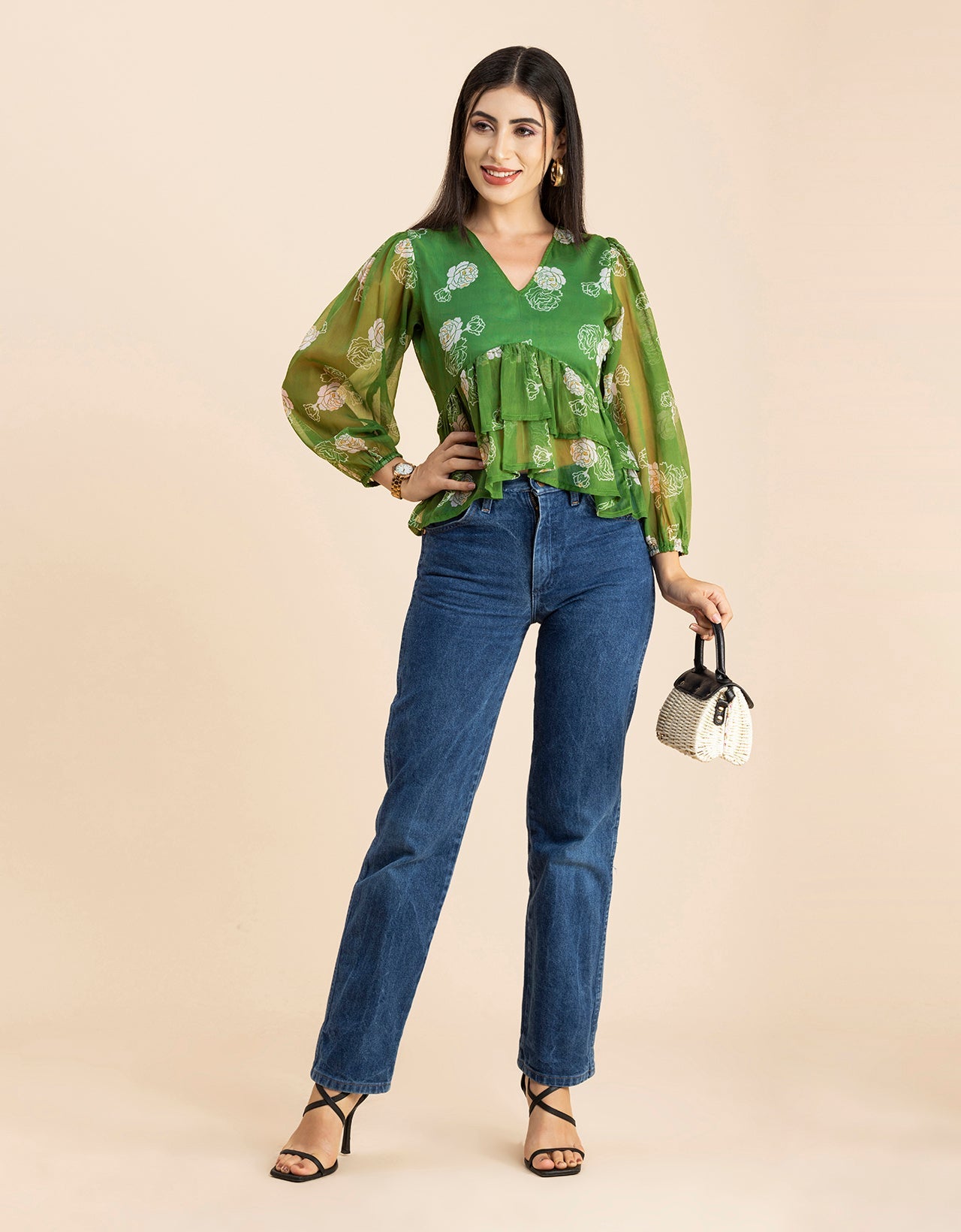 V Neck Balloon Sleeves