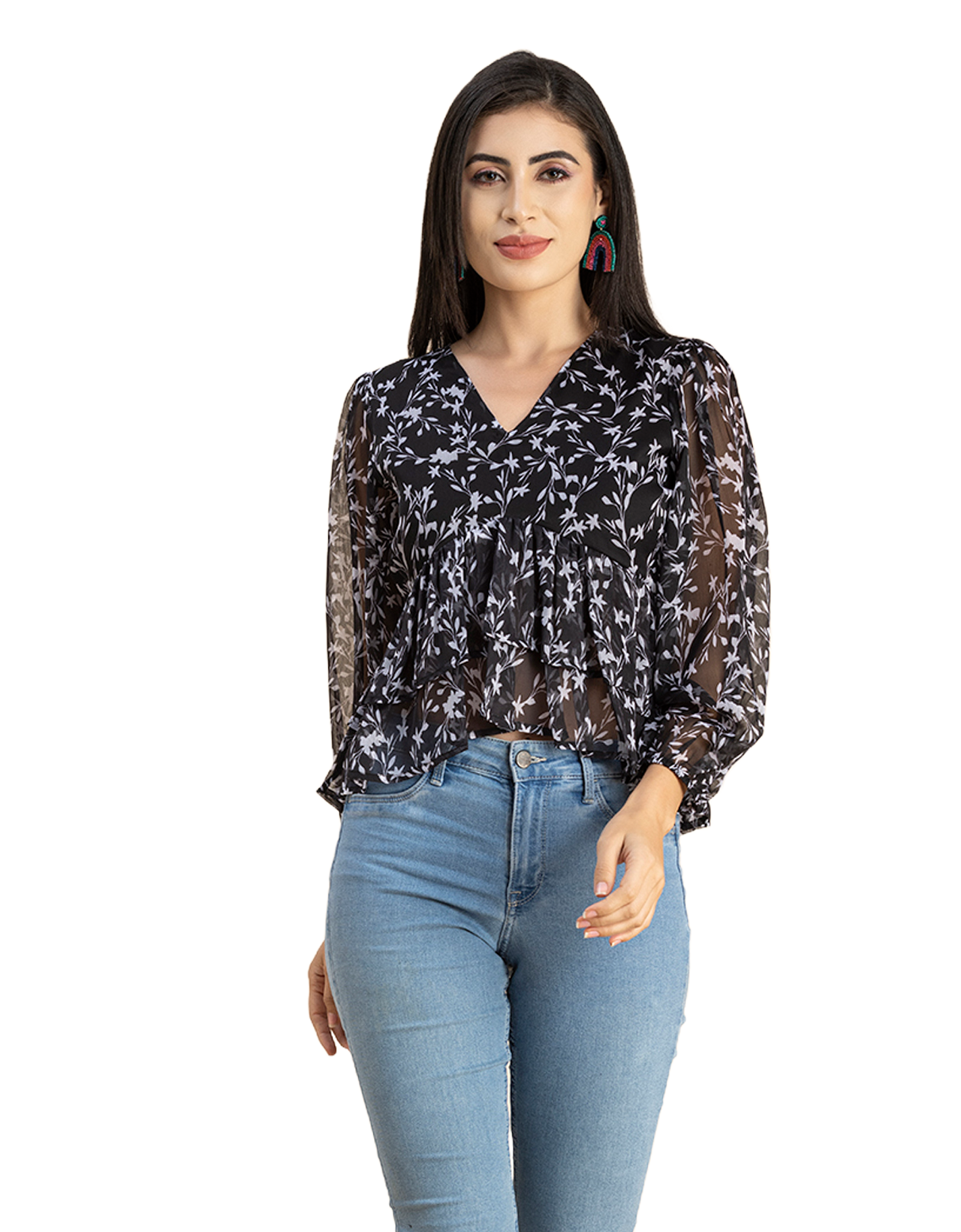 V Neck Balloon Sleeves
