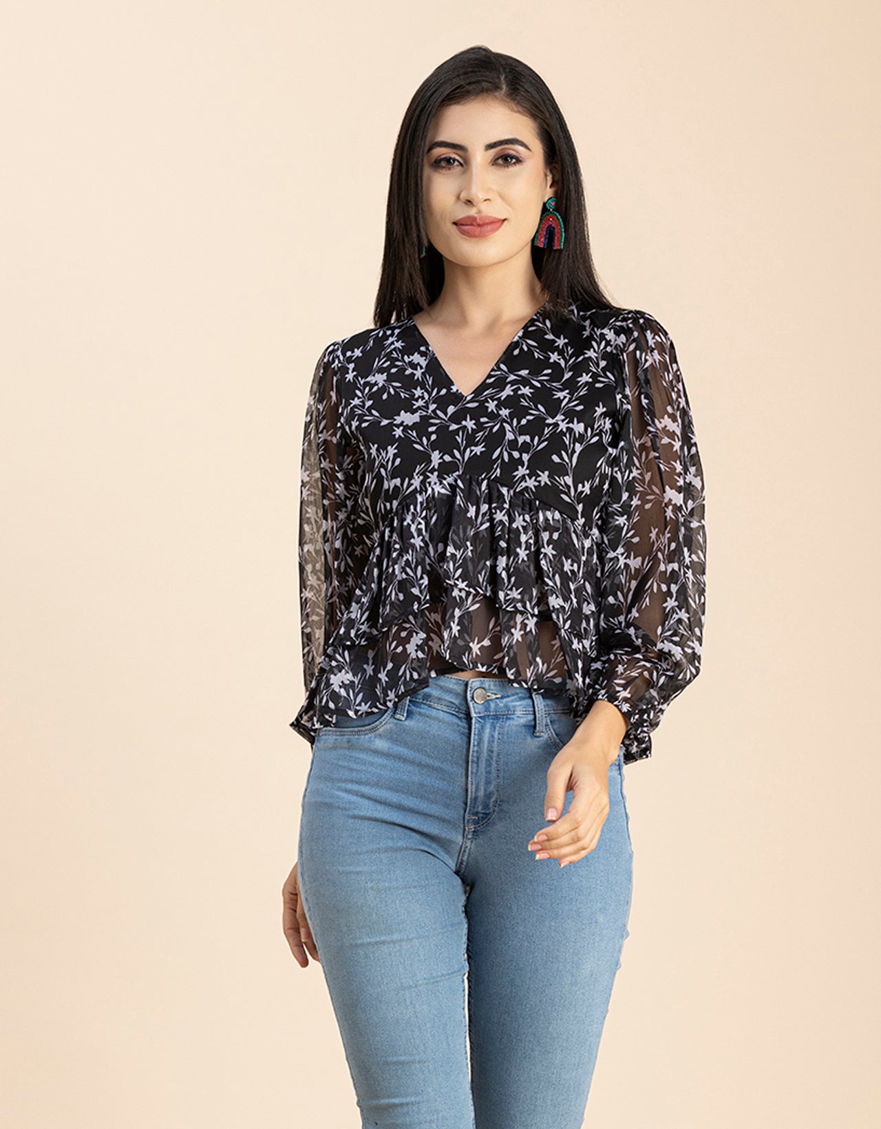V Neck Balloon Sleeves