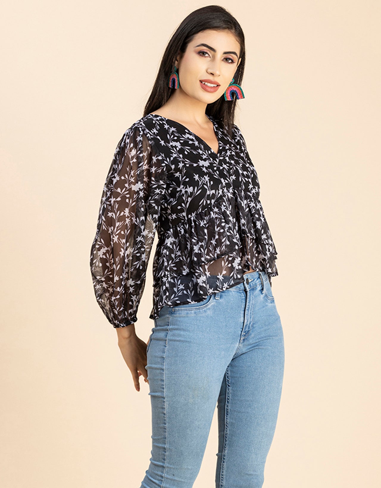 V Neck Balloon Sleeves