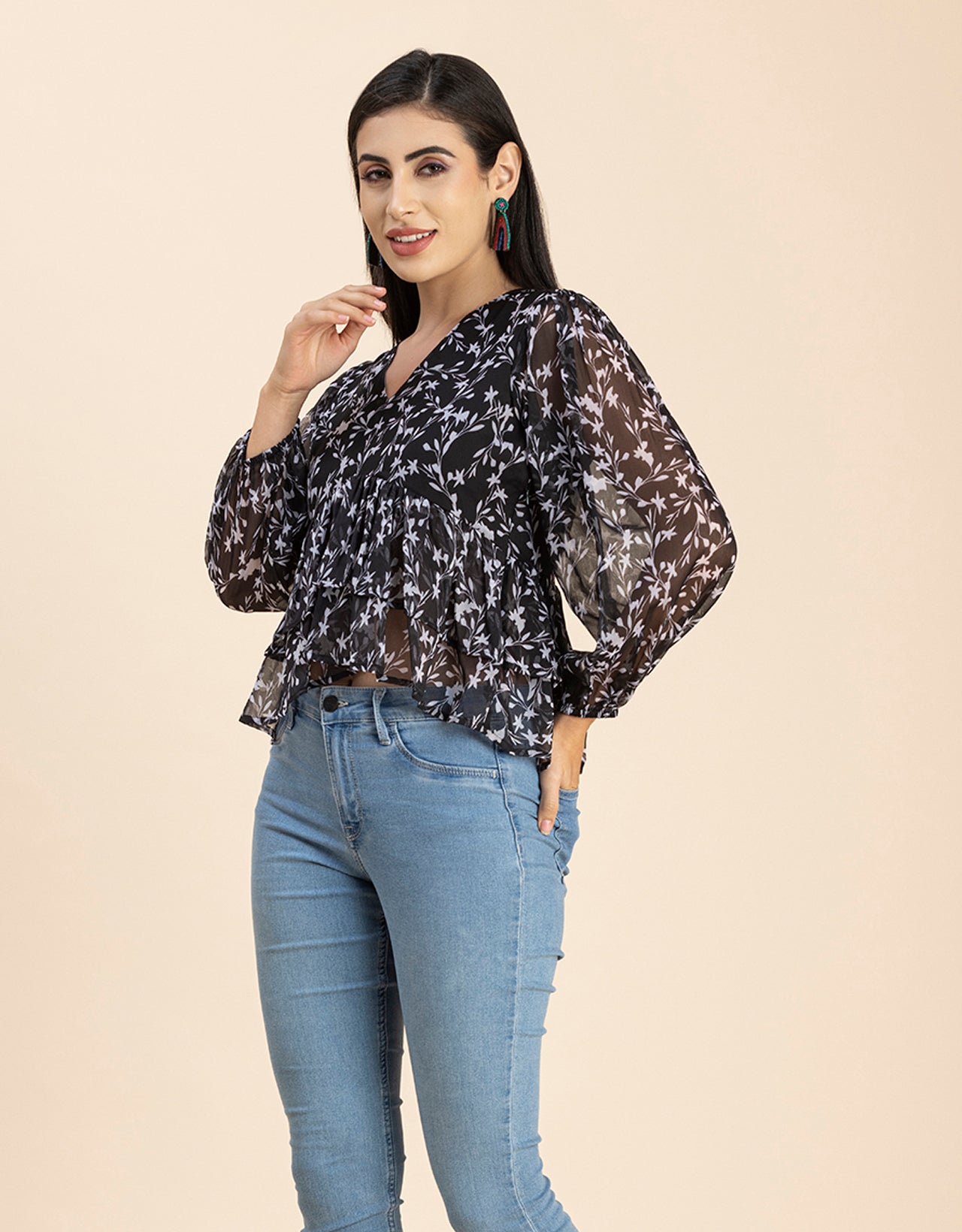 V Neck Balloon Sleeves