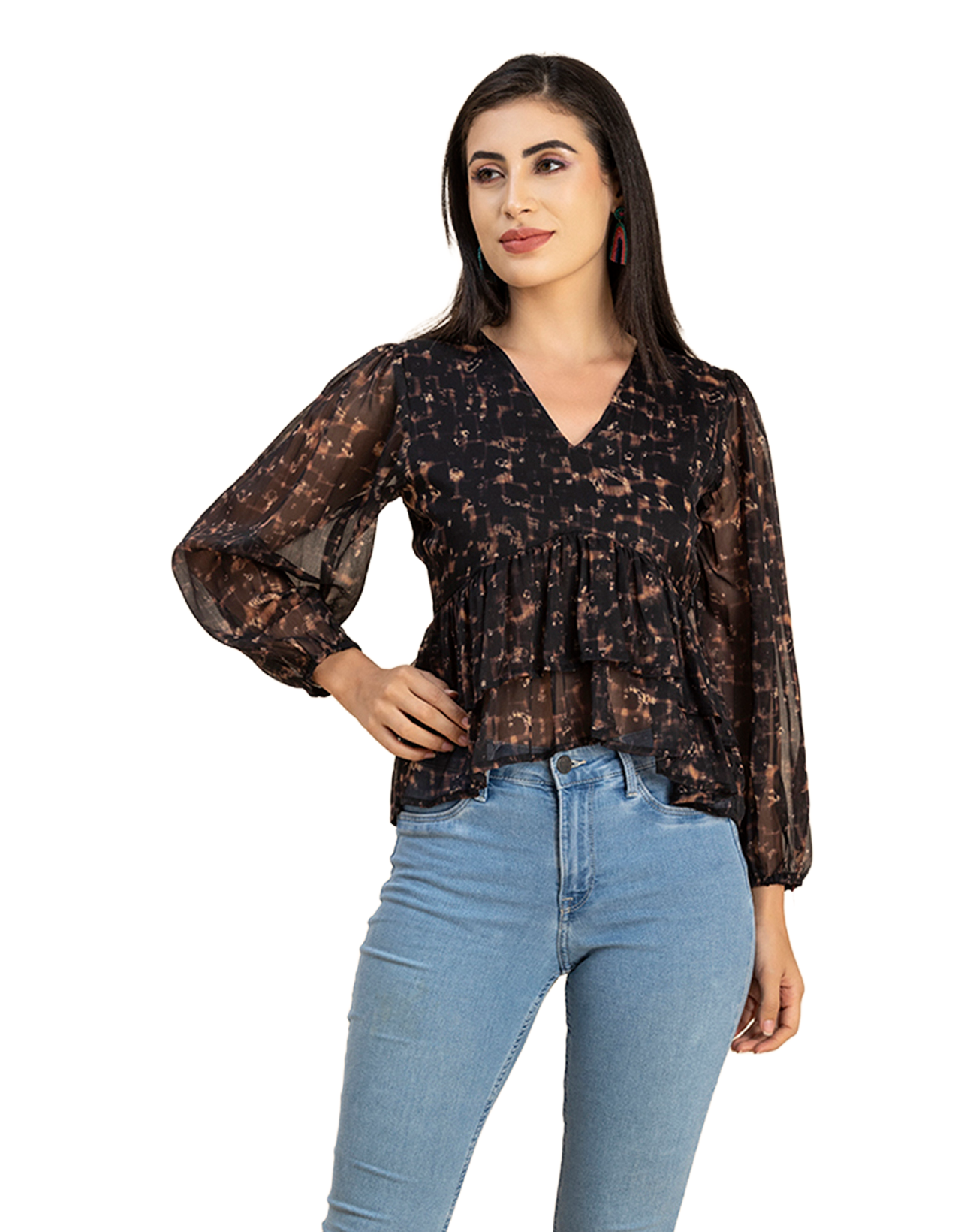 V Neck Balloon Sleeves