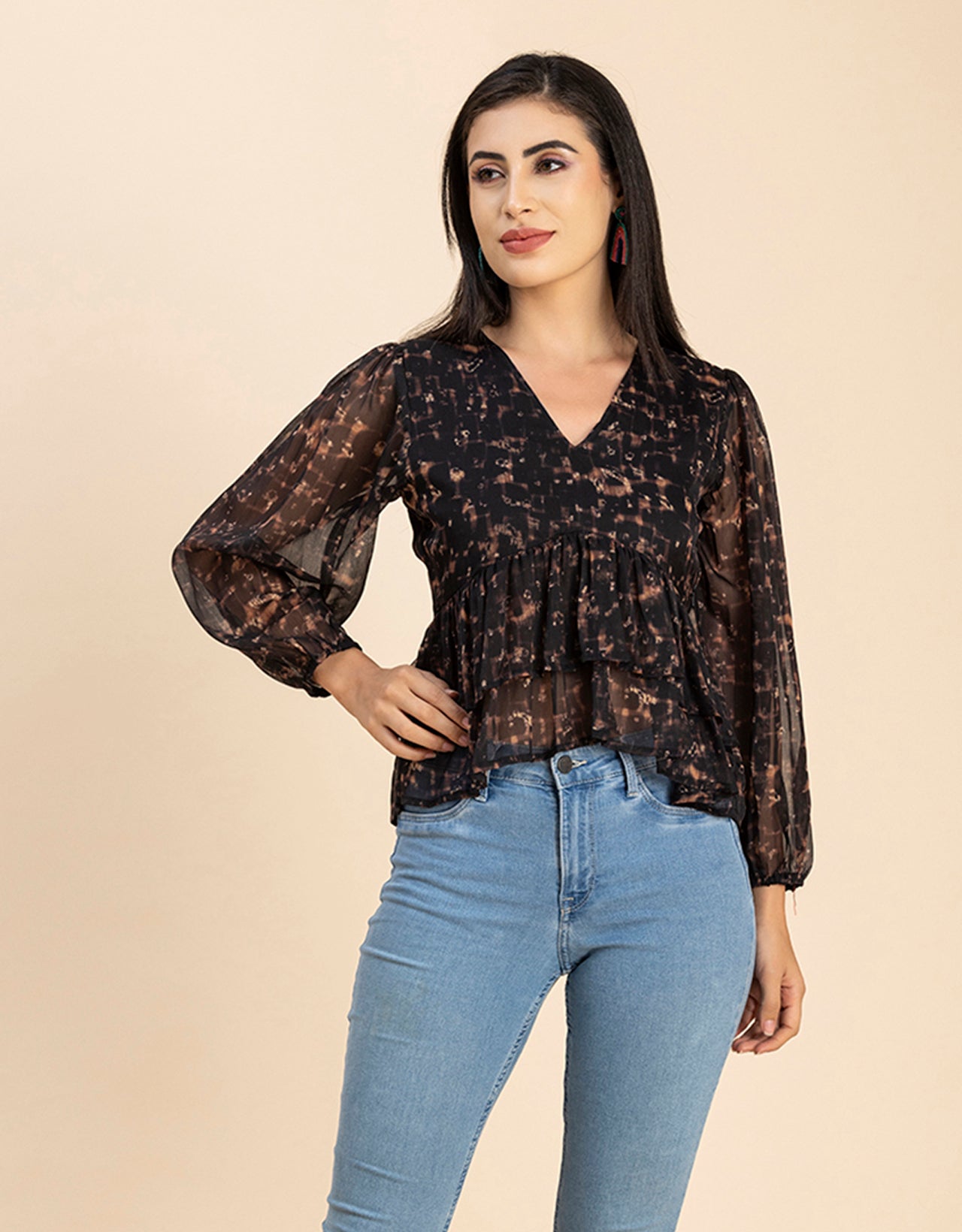 V Neck Balloon Sleeves