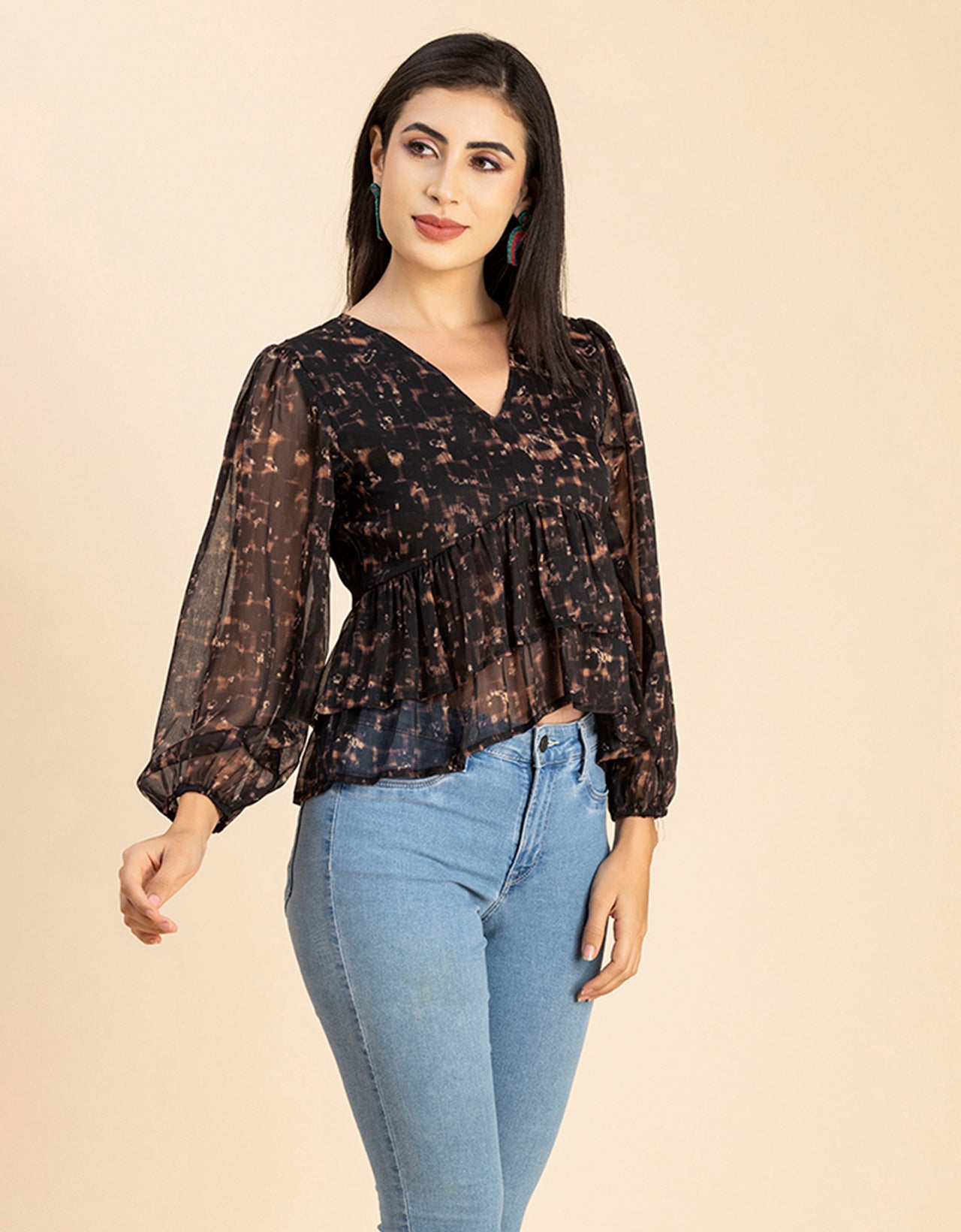 V Neck Balloon Sleeves