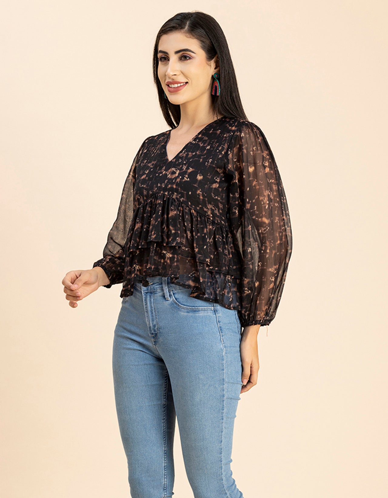 V Neck Balloon Sleeves