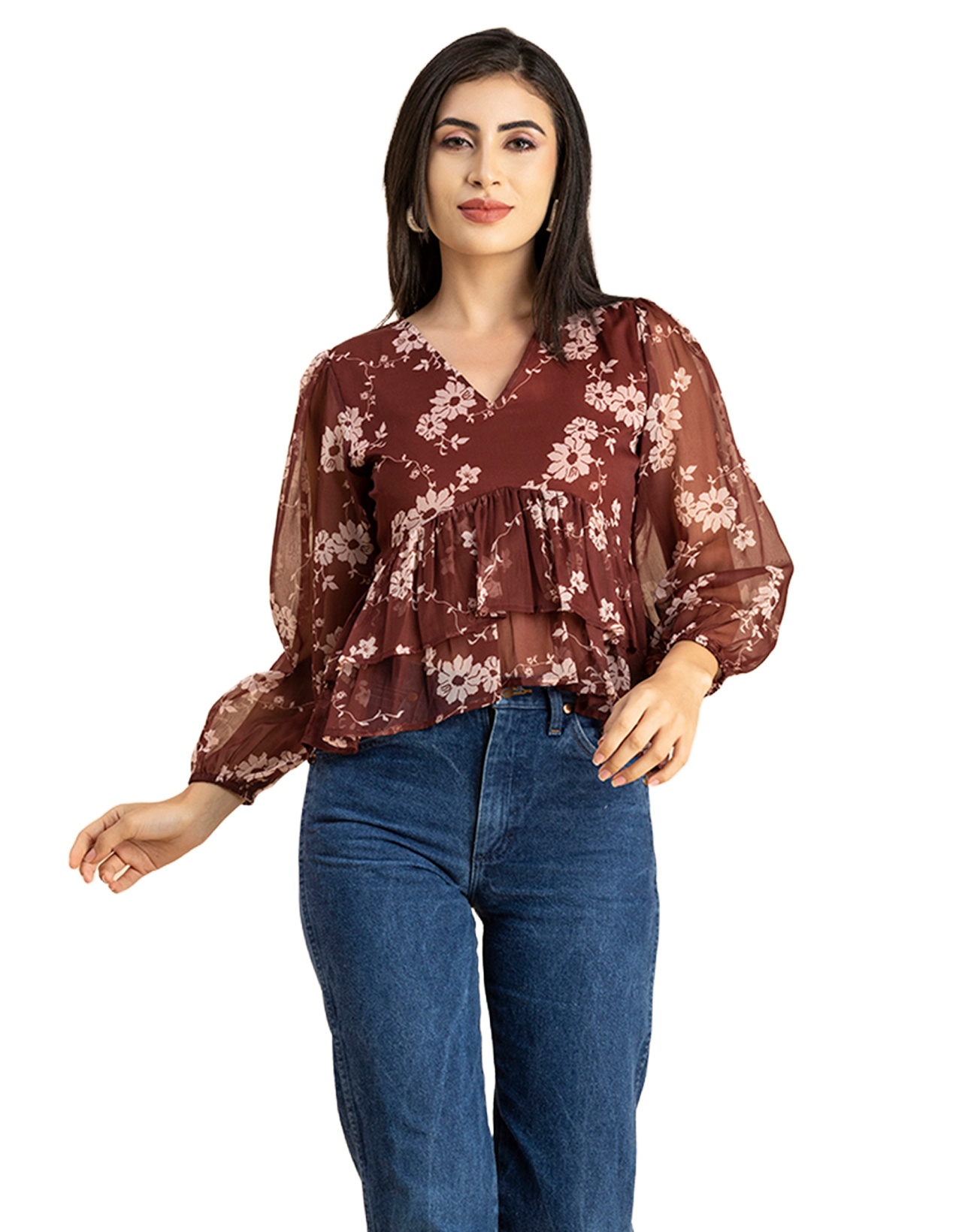 V Neck Balloon Sleeves
