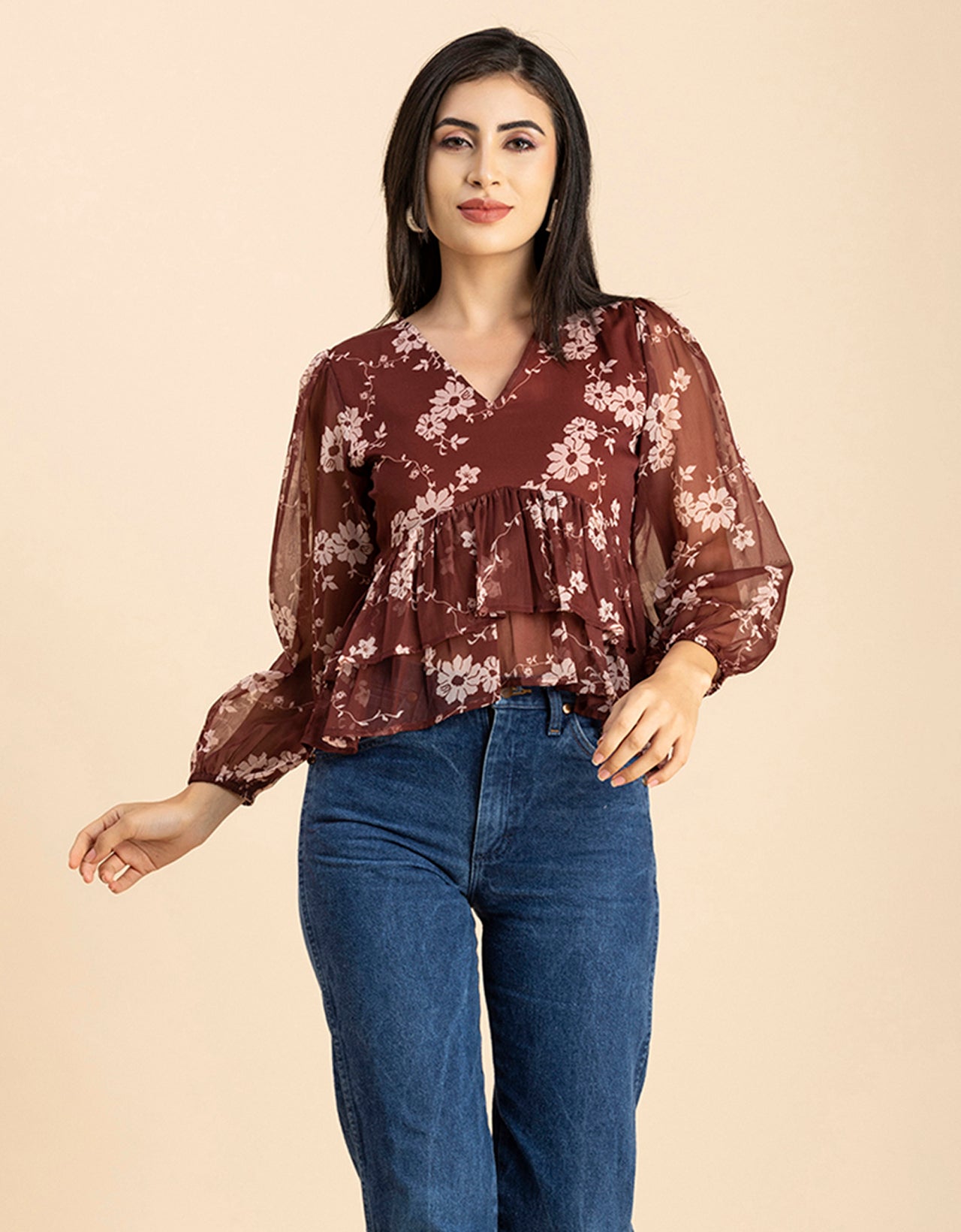 V Neck Balloon Sleeves