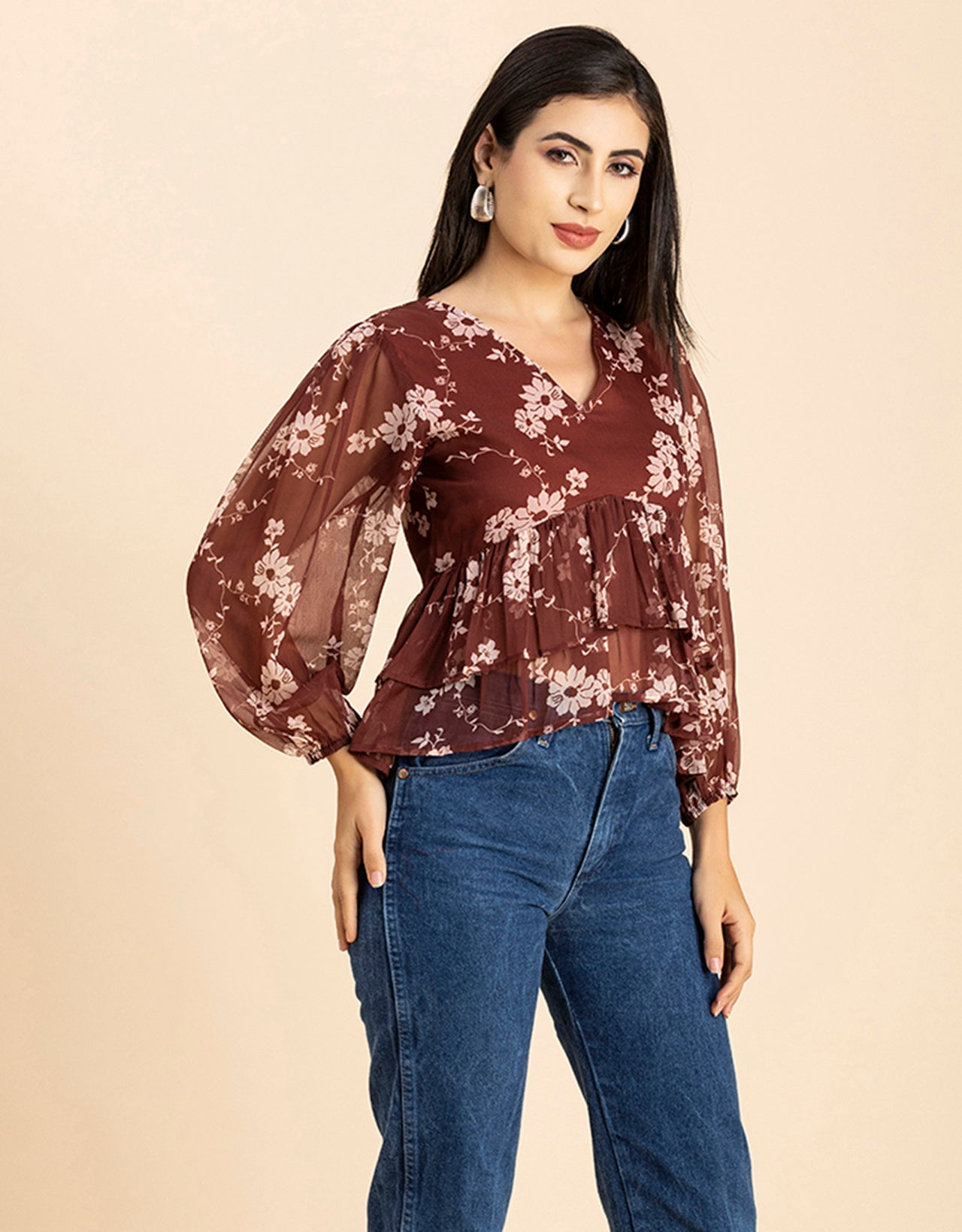 V Neck Balloon Sleeves