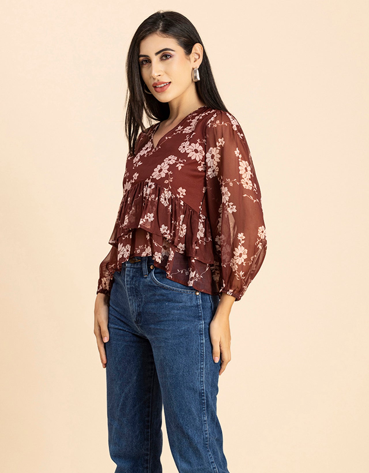 V Neck Balloon Sleeves