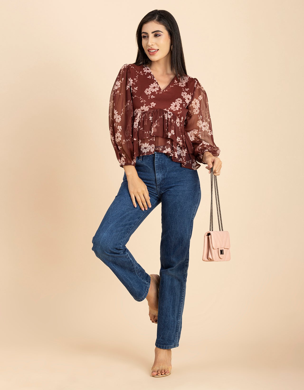 V Neck Balloon Sleeves