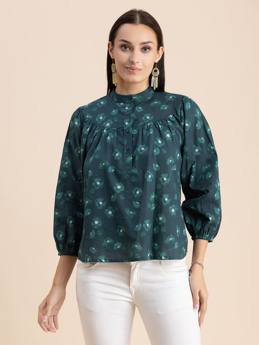 Printed Mandarin Collar