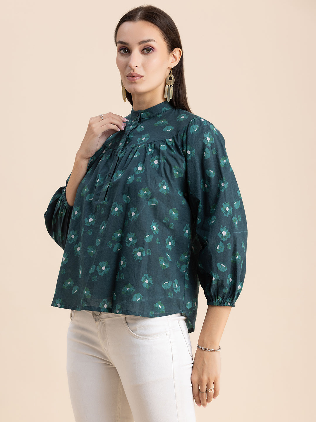 Printed Mandarin Collar