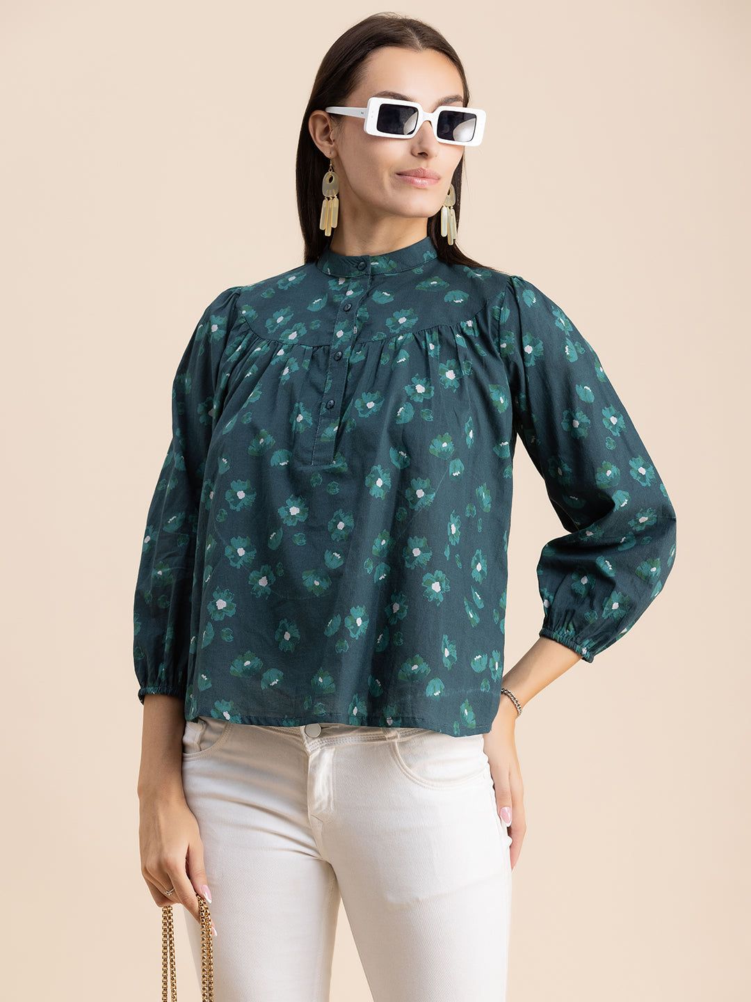 Printed Mandarin Collar