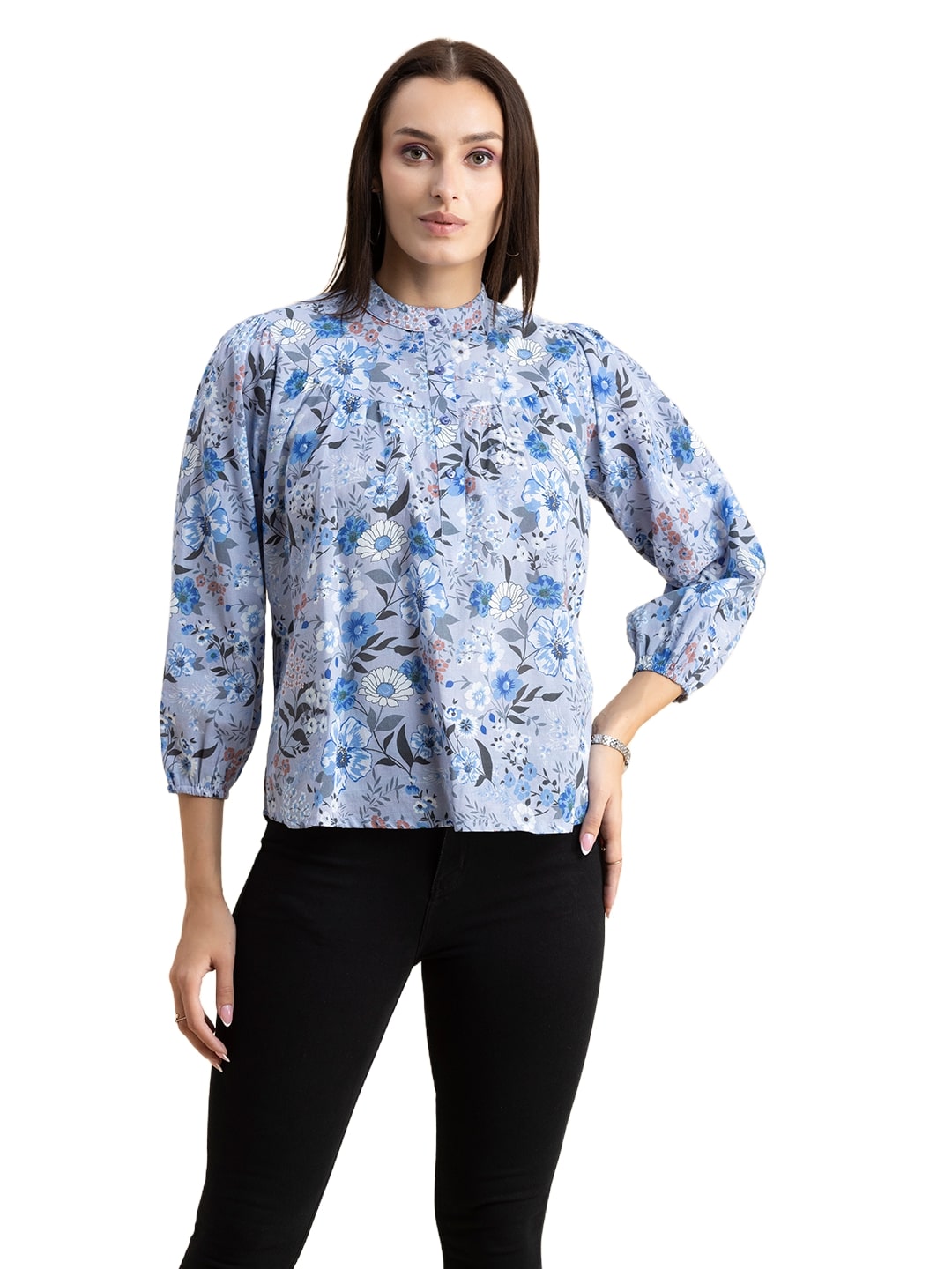 Printed Mandarin Collar