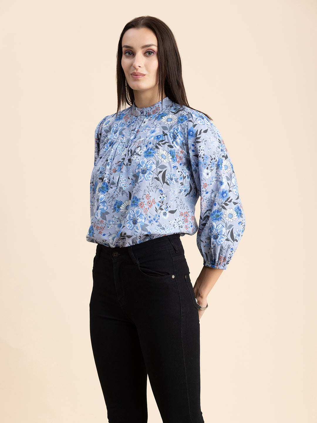 Printed Mandarin Collar