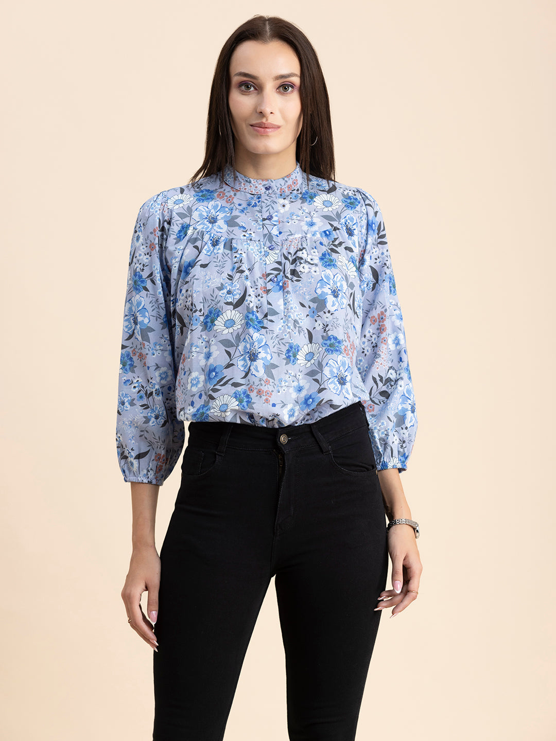 Printed Mandarin Collar