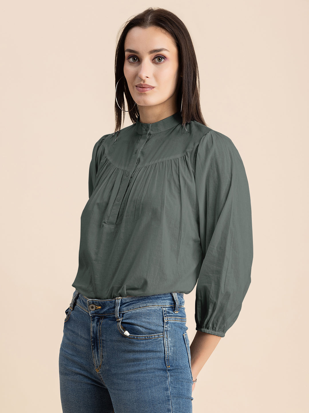 Printed Mandarin Collar