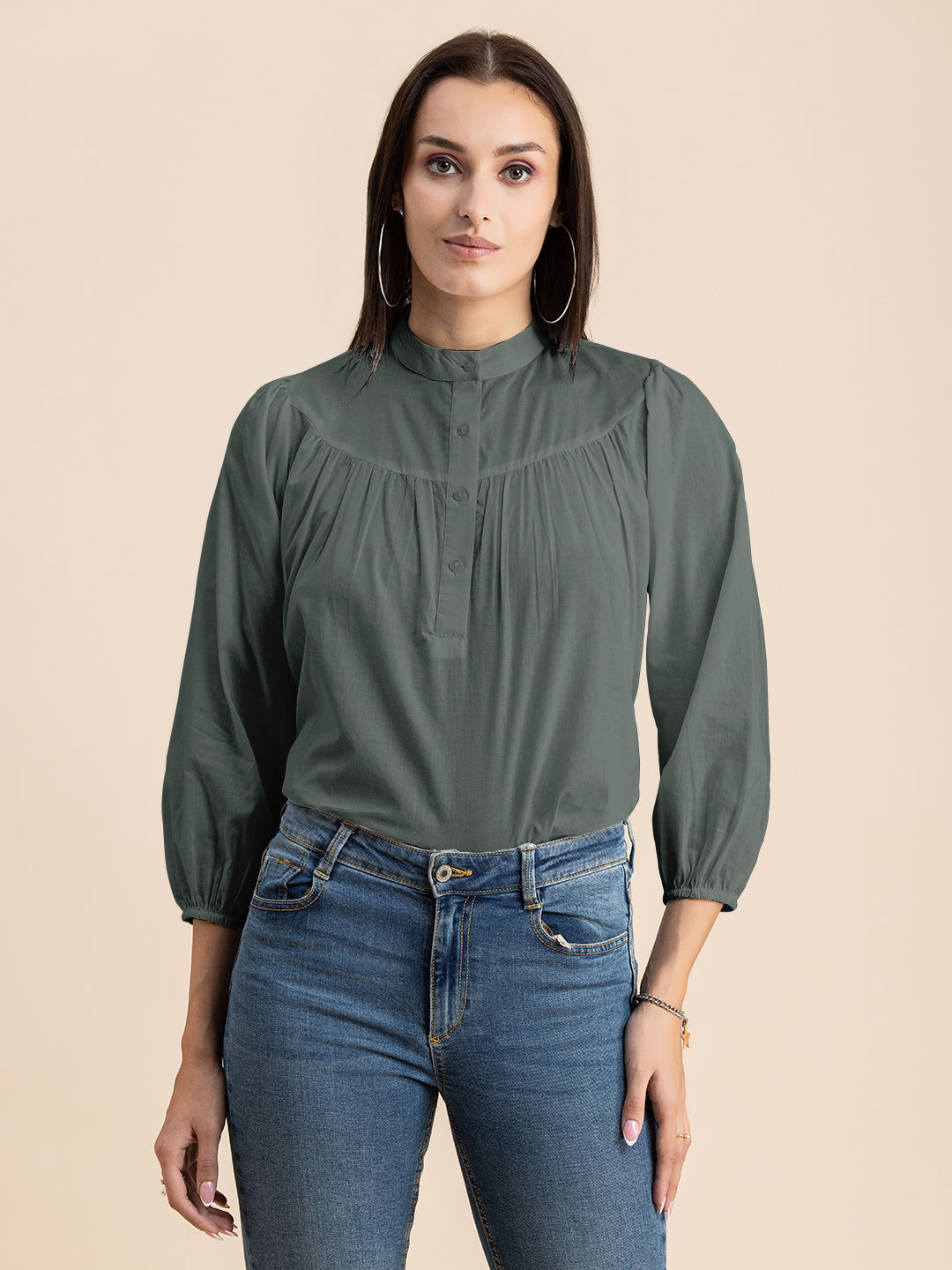 Printed Mandarin Collar
