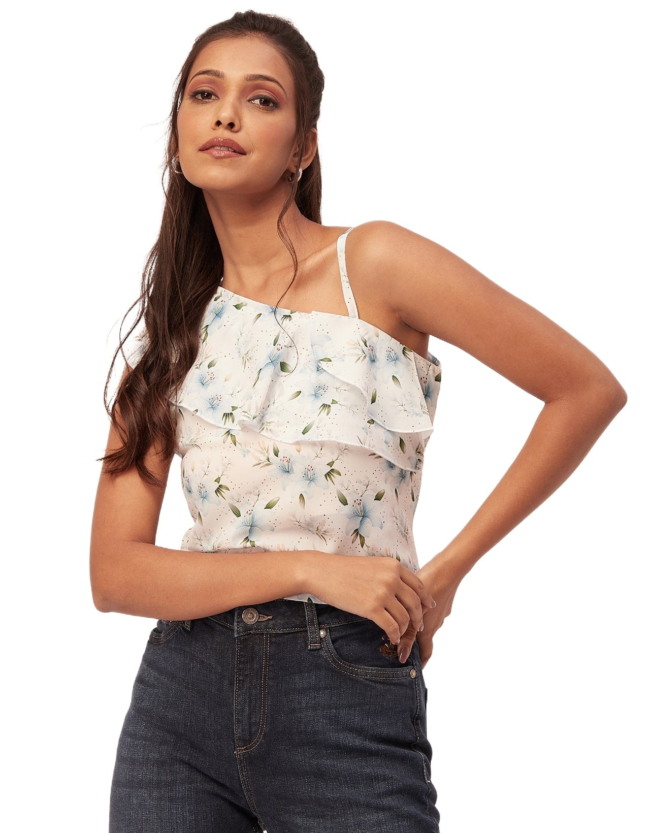 One Shoulder Ruffled Crop