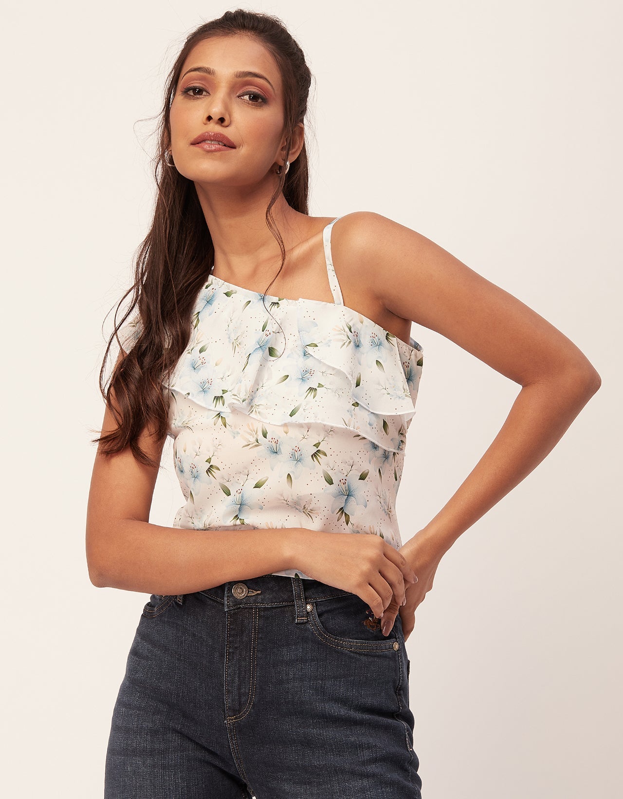 One Shoulder Ruffled Crop