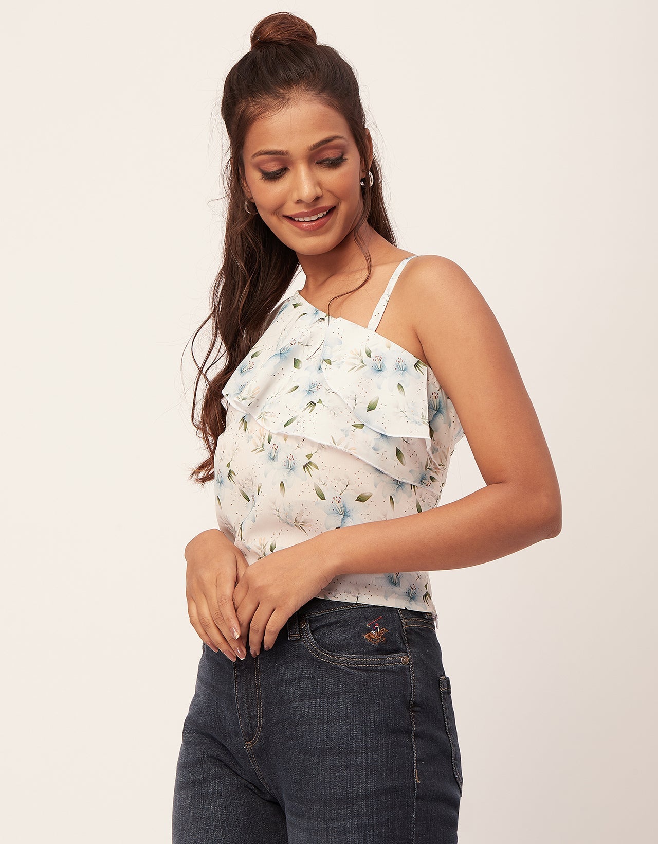 One Shoulder Ruffled Crop
