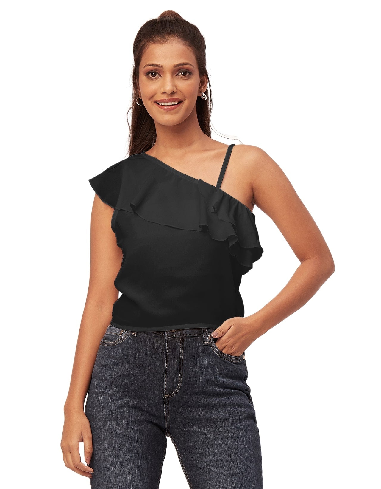 One Shoulder Ruffled Crop